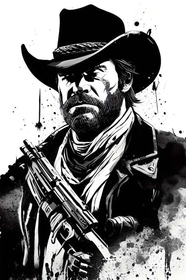 Black and white illustration of Arthur Morgan holding a rifle with a dramatic background