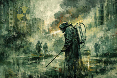 Person in a gas mask and protective suit in a post-apocalyptic city with a nuclear symbol. Chernobyl aftermath scene poster