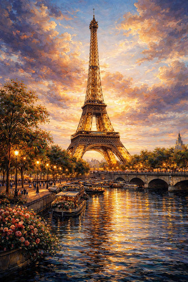 Eiffel Tower at sunset with a river and bridge in Paris