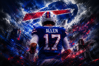 Josh Allen walking beneath a massive Buffalo Bills logo amid dramatic blue and red textures