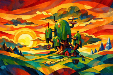 Colorful abstract landscape with a whimsical house on wheels and a vibrant sunset. Adventure time tree fort