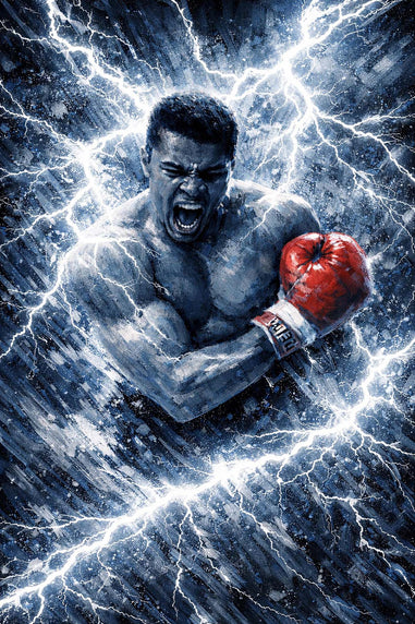 Boxer Muhammed Ali in a dynamic pose with lightning effects