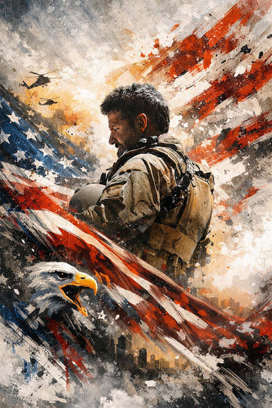 Artistic depiction of Chris Kyle with an American flag and bald eagle in the background