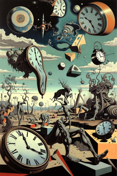 Abstract artwork with clocks and surreal figures in a dreamlike landscape.