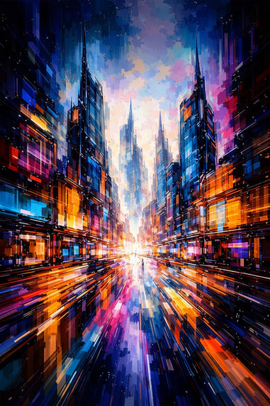 Colorful futuristic cityscape with tall buildings and a bright light in the center.
