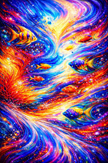 Colorful abstract artwork with swirling patterns and fish-like shapes.