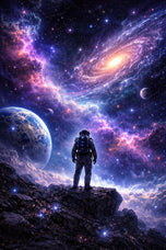 Cosmic Explorer – Astronaut Gazing Into a Vibrant Galaxy Space Artwork