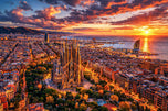 Barcelona Golden Sunset Over Sagrada Familia Skyline Wall Art Poster | Landscape