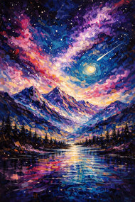 Astral Mountain Valley Painting in Luminous Night Sky Wall Art Poster | Portrait