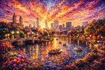 Central Park Painted Sunset Lake Wall Art Poster | Landscape
