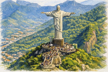 Statue of Christ the Redeemer on a mountain with a cityscape in the background