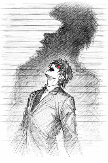 Pencil sketch of Light Yagami with red eyes and dark hair against a lined paper background