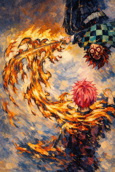 Artistic depiction of a character with pink hair and a fiery creature, with a checkered pattern in the background. Demon slayer tanjiro and akaza poster