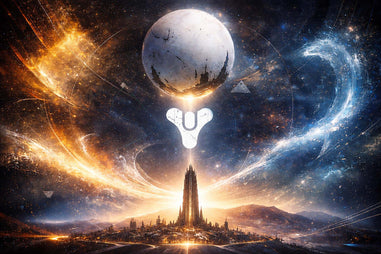 Futuristic cityscape with a large sphere and glowing light bulb against a cosmic background. Destiny tower video game poster