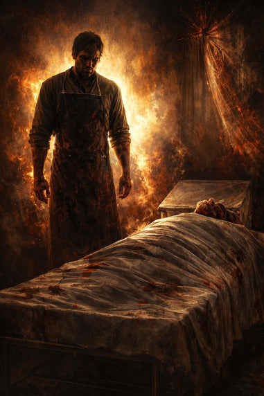 Dexter in an apron standing over a body on a bed with a fiery background