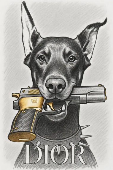 Dog holding a gun with 'Dior' branding on a textured background
