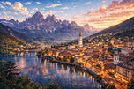 Dolomites Italy Alpine Sunset Over Village Wall Art Poster | Landscape
