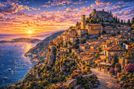 Eze Village France Golden Sunset Wall Art Poster | Landscape