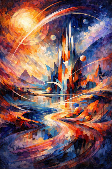 Colorful abstract painting of a futuristic cityscape with celestial elements.