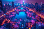 Cyberpunk Central Park in a Futuristic Dream Wall Art Poster  | Landscape