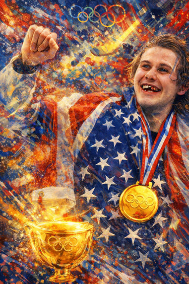 jack Hughes holding a gold medal and cup with Olympic rings, draped in an American flag, against a colorful background.
