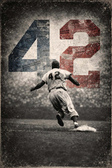 Vintage-style image of a baseball player  Jackie Robinson running with number 42 displayed prominently.