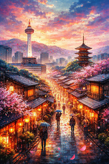 Kyoto city street with cherry blossom trees, traditional buildings, and a tower at sunset.