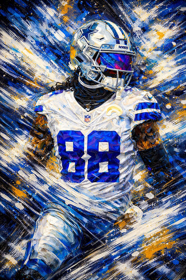 Artistic depiction of a football player CeeDee Lamb in a blue and white uniform with number 88 on a colorful abstract background.