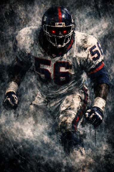Football player Lawrence Taylor in uniform with number 56 on a dark, textured background