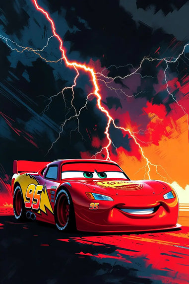 Red race car with lightning bolt design on a dark background with lightning effects