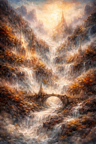 Lord of the Rings Majestic mountain landscape with a bridge and castle, evoking a sense of fantasy and grandeur.
