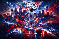 Tyrese Maxey Philadelphia 76ers NBA Cityscape Wall Art Poster | Landscape