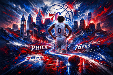 Basketball player Tyrese Maxey in a Philadelphia 76ers jersey with city skyline and team logo in the background