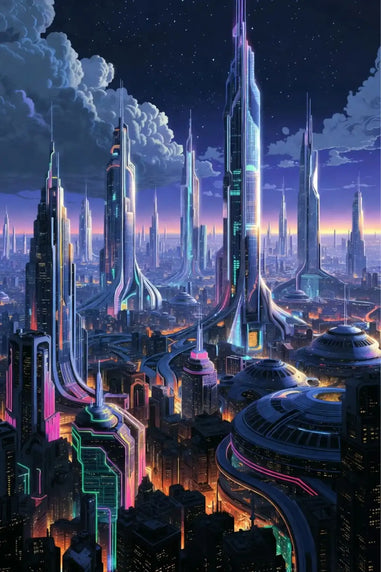 Futuristic cityscape with tall buildings and neon lights under a starry sky.
