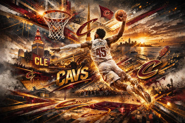 Donovan Mitchell dunking a basketball with a cityscape and 'Cleveland Cavaliers' branding in the background.