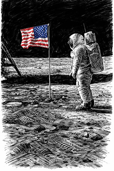 Illustration of an astronaut on the moon with an American flag