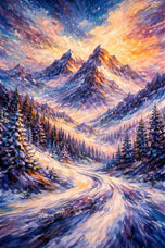 Mountain Snowy Peak Sunrise Painting Wall Art Poster | Portrait