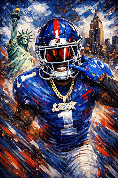 Artistic depiction of a football player Malik Nabers in a blue uniform with a cityscape background