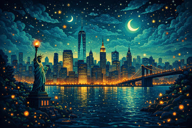 City skyline with illuminated buildings, Statue of Liberty, and bridge at night.