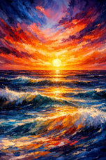 Ocean Sunset Painted Style Wall Art Poster | Portrait