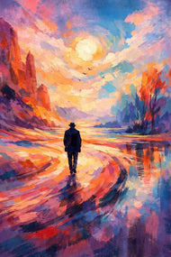 Lone Wanderer in Painted Sunset Wall Art Poster | Portrait
