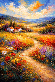 Farm Life Scenic Meadow Painting Style Wall Art Poster | Portrait