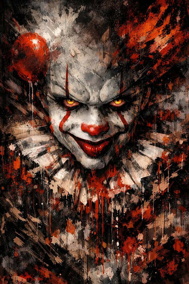 Artistic depiction of a Pennywise with red ball and bloodstains on a dark background