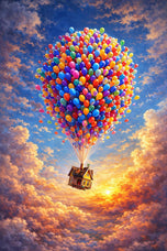 Upward Bound: A Whimsical Balloon-Lifted Home Soaring Through a Golden Sky