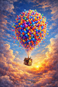 Upward Bound: A Whimsical Balloon-Lifted Home Soaring Through a Golden Sky
